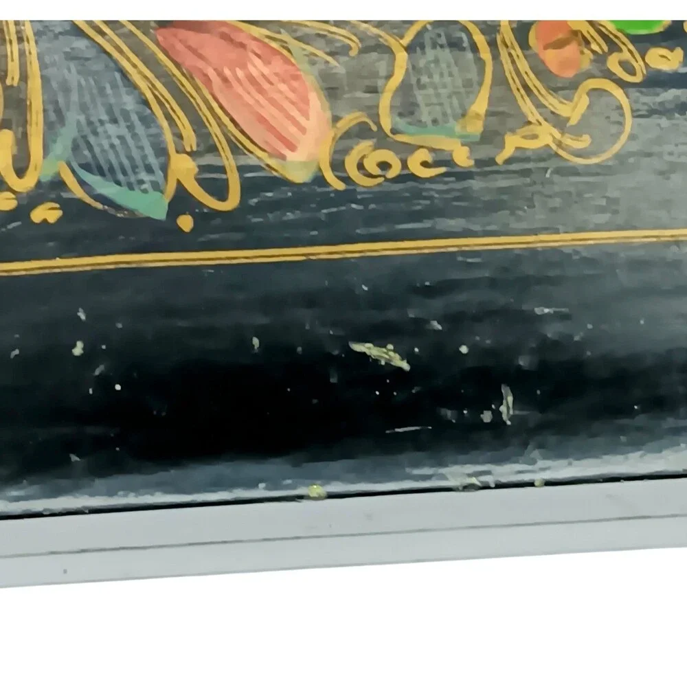 Wooden Jewelry Or Trinket Box Black With Colorful Flowers Handpainted VTG 6x4.25